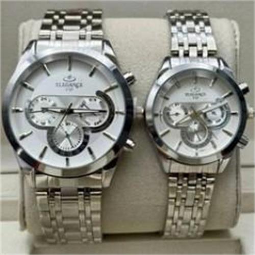 ست ساعت الگانس بند استیل نقره ای صفحه سفید - کد 243