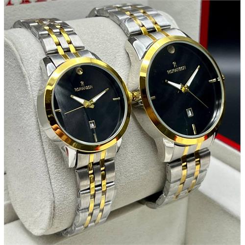 ست ساعت بنداستیل دو رنگ صفحه مشکی - کد 336