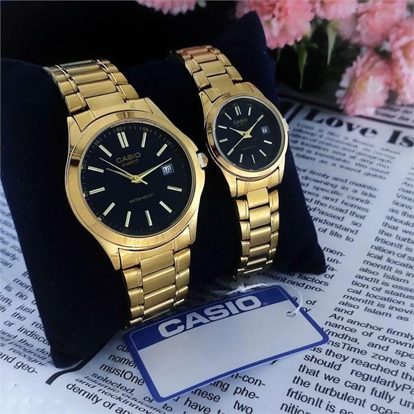 ست ساعت کاسیو بند استیل طلایی صفحه مشکی - کد 161