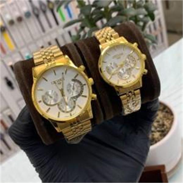 ست ساعت سیتیزن بند استیل طلایی صفحه سفید - کد 264