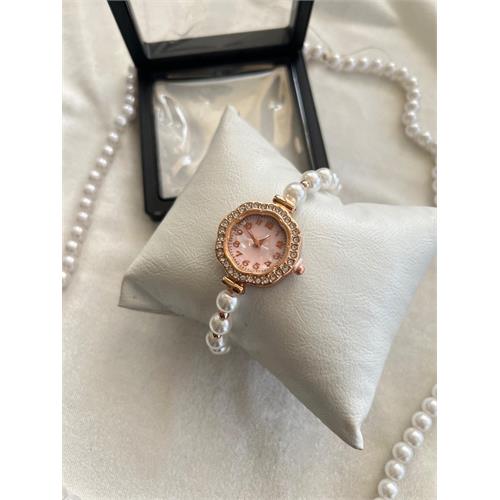 ساعت مرواریدی صفحه صورتی