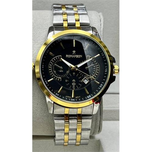 ساعت مردانه رومانسون مدل کوکو جدید بنددورنگ طلایی صفحه مشکی - کد 352