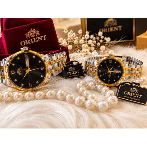 ست ساعت ORIENT بنداستیل دورنگ صفحه مشکی 827