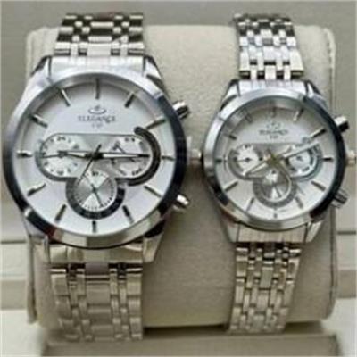 ست ساعت الگانس بند استیل نقره ای صفحه سفید - کد 243