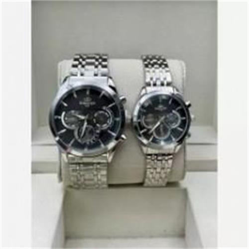 ساعت ست الگانس بند استیل نقره ای صفحه مشکی - کد 240