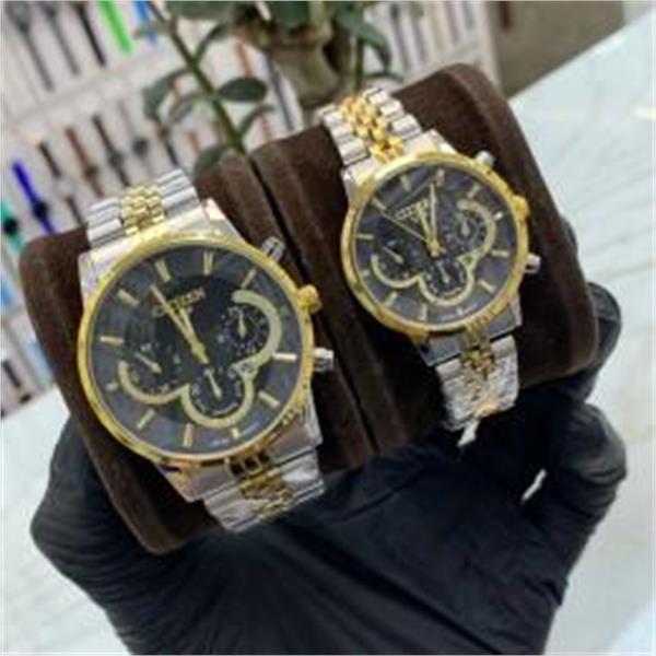 ست ساعت سیتیزن بند استیل 2 رنگ طلایی صفحه مشکی - کد 249