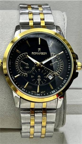 ساعت مردانه رومانسون مدل کوکو جدید بنددورنگ طلایی صفحه مشکی - کد 352