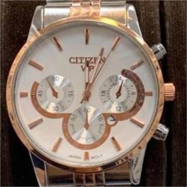 ساعت سیتیزن بند استیل 2 رنگ رزگلد صفحه سفید مردانه - کد 259