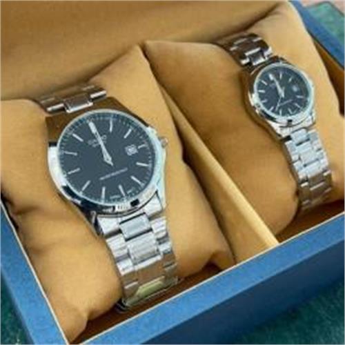 ست ساعت کاسیو بند استیل نقره ای صفحه مشکی - کد 173