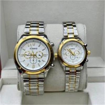 ست ساعت کاسیو بند استیل 2 رنگ طلایی صفحه سفید - کد 185