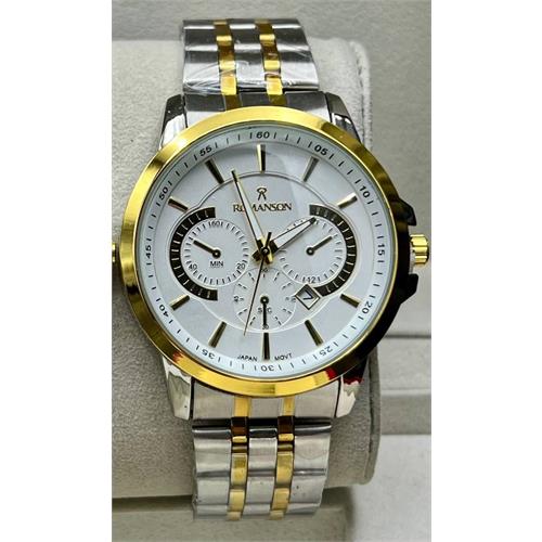 ساعت مردانه رومانسون مدل کوکو جدید بنددورنگ طلایی صفحه سفید- کد 355