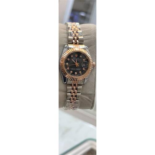 ساعت رولکس بند استیل 2 رنگ رزگلد صفحه مشکی زنانه - کد 112