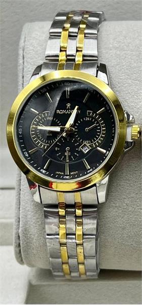 ساعت زنانه رومانسون مدل کوکو جدید بنددورنگ طلایی صفحه مشکی - کد 353