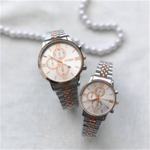 ست ساعت سیتیزن بند استیل 2 رنگ رزگلد صفحه سفید - کد 315