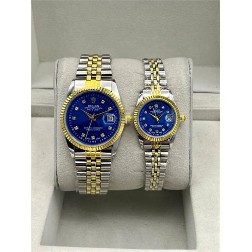 ست ساعت رولکس بند استیل 2 رنگ طلایی صفحه آبی - کد 131