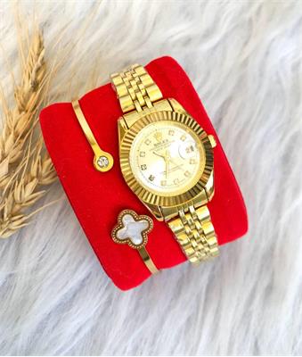 ساعت رولکس بند استیل طلایی صفحه سفید زنانه - کد 121