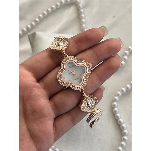 ساعت بنداستیل چهارپر زنانه رزگلد صفحه سفید