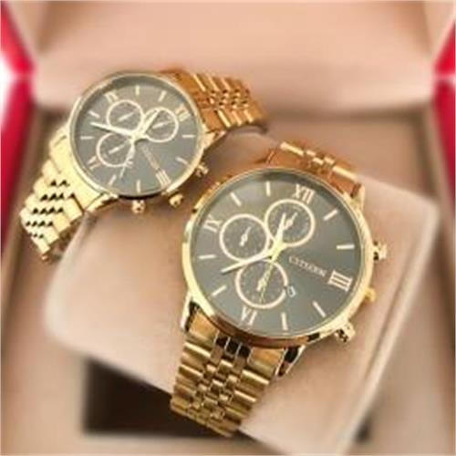 ست ساعت سیتیزن بند استیل طلایی صفحه مشکی - کد 318