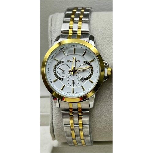 ساعت زنانه رومانسون مدل کوکو جدید بنددورنگ طلایی صفحه سفید- کد 356