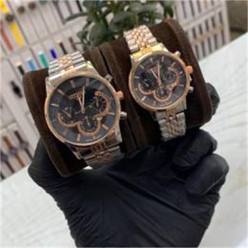 ست ساعت سیتیزن بند استیل 2 رنگ رزگلد صفحه مشکی - کد 255