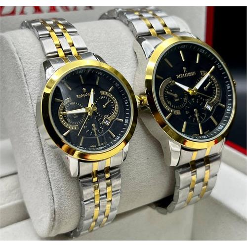 ساعت ست رومانسون مدل کوکو جدید بنددورنگ طلایی صفحه مشکی - کد 351