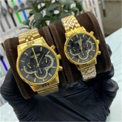 ست ساعت سیتیزن بند استیل طلایی صفحه مشکی - کد 261