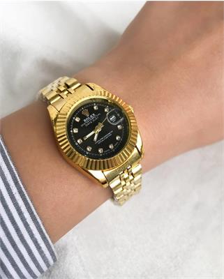 ساعت رولکس بند استیل طلایی صفحه مشکی زنانه - کد 118