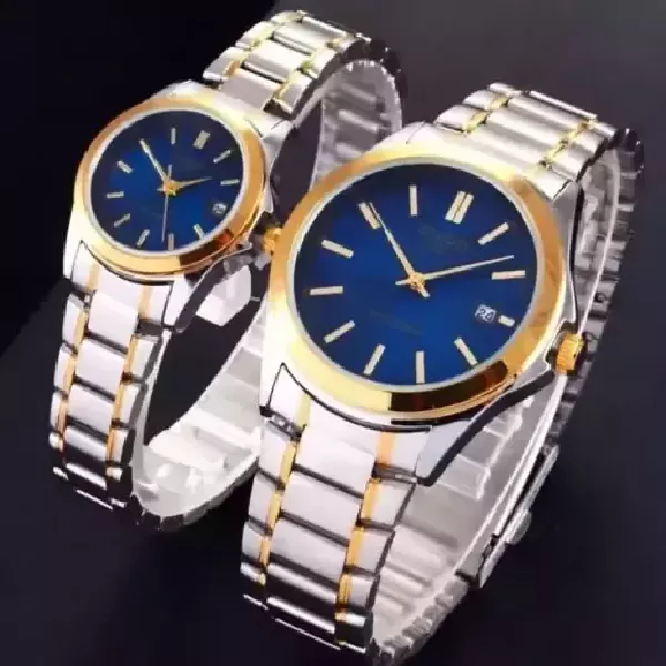 ست ساعت کاسیو بند استیل 2 رنگ طلایی صفحه آبی - کد 158