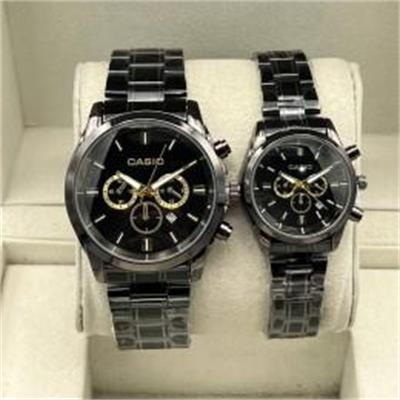 ست ساعت کاسیو بند استیل مشکی صفحه مشکی - کد 203