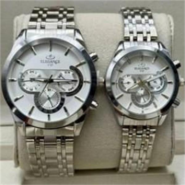 ست ساعت الگانس بند استیل نقره ای صفحه سفید - کد 243