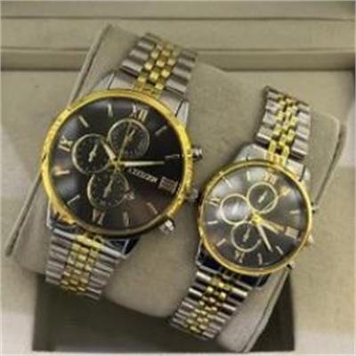 ست ساعت سیتیزن بند استیل 2 رنگ طلایی صفحه مشکی - کد 303