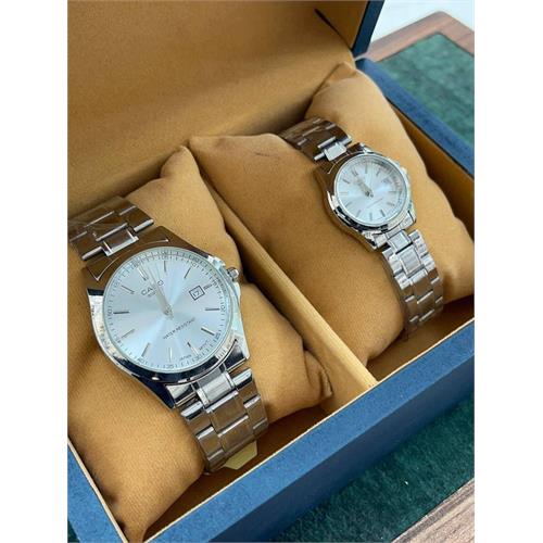 ست ساعت کاسیو بند استیل نقره ای صفحه سفید - کد 176