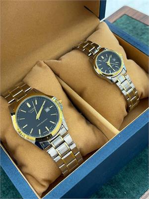 ست ساعت کاسیو بند استیل 2 رنگ طلایی صفحه مشکی - کد 149