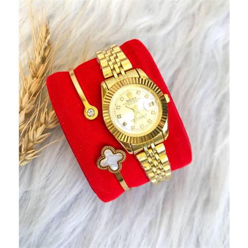 ساعت رولکس بند استیل طلایی صفحه سفید زنانه - کد 121