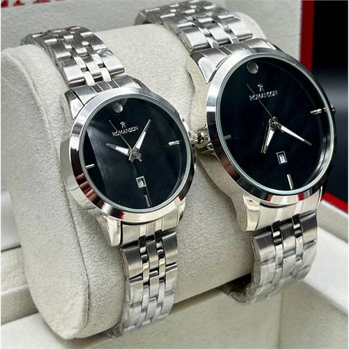 ساعت ست رومانسون بندنقره ای صفحه مشکی - کد342