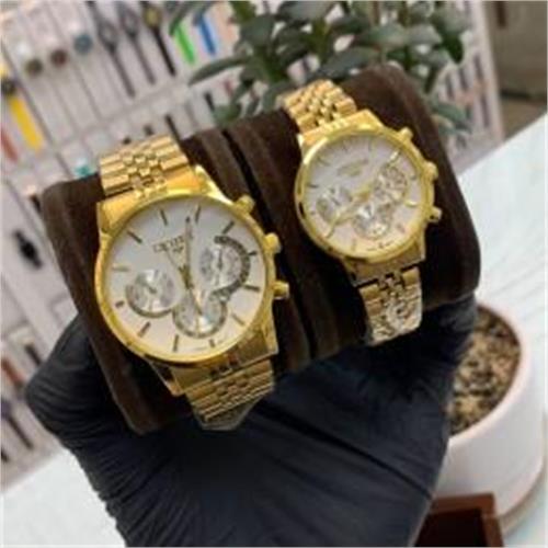 ست ساعت سیتیزن بند استیل طلایی صفحه سفید - کد 264