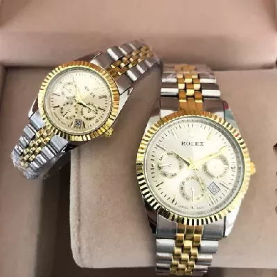 ست ساعت رولکس بند استیل 2 رنگ طلایی صفحه طلایی طرح سه موتوره - کد 140