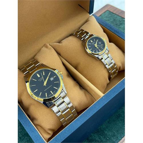 ست ساعت کاسیو بند استیل 2 رنگ طلایی صفحه مشکی - کد 149