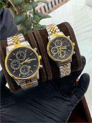 ست ساعت سیتیزن بند استیل 2 رنگ طلایی صفحه مشکی - کد 276