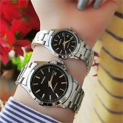 ست ساعت کاسیو بند استیل نقره ای صفحه مشکی - کد 173