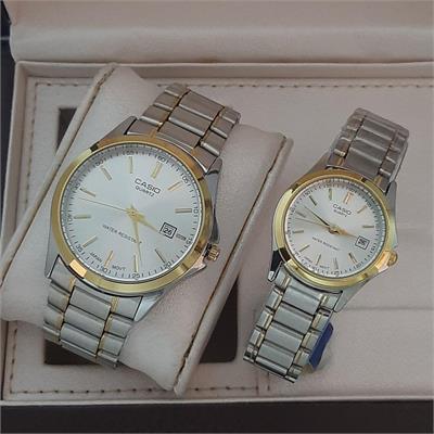 ست ساعت کاسیو بند استیل 2 رنگ طلایی صفحه سفید - کد 152