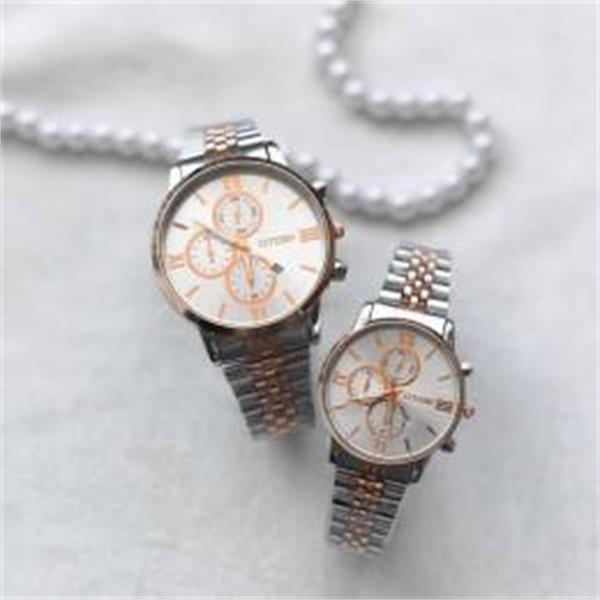 ست ساعت سیتیزن بند استیل 2 رنگ رزگلد صفحه سفید - کد 315