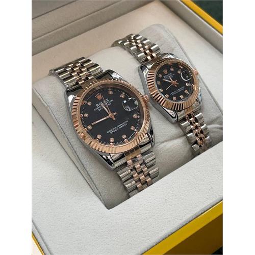 ست ساعت رولکس بند استیل 2 رنگ روزگلد صفحه مشکی - کد 110
