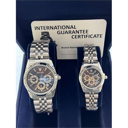 ست ساعت رولکس بند استیل نقره ای صفحه مشکی - کد 143