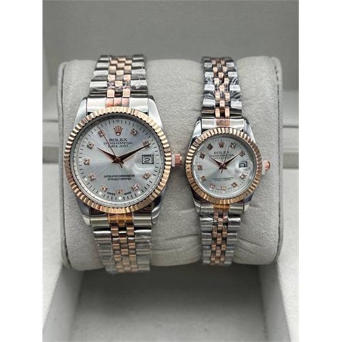 ست ساعت رولکس بند استیل 2 رنگ رزگلد صفحه سفید - کد 113