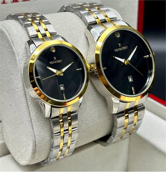 ست ساعت بنداستیل دو رنگ صفحه مشکی - کد 336