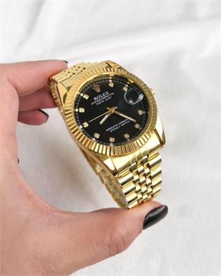 ساعت رولکس بند استیل طلایی صفحه مشکی مردانه - کد 117