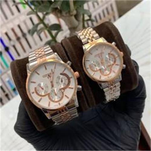 ست ساعت سیتیزن بند استیل 2 رنگ رزگلد صفحه سفید - کد 258