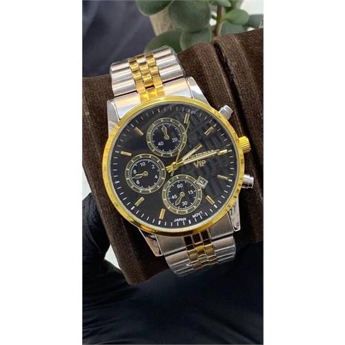 ساعت سیتیزن مردانه بند دورنگ طلایی صفحه مشکی - کد277