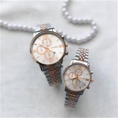 ست ساعت سیتیزن بند استیل 2 رنگ رزگلد صفحه سفید - کد 315